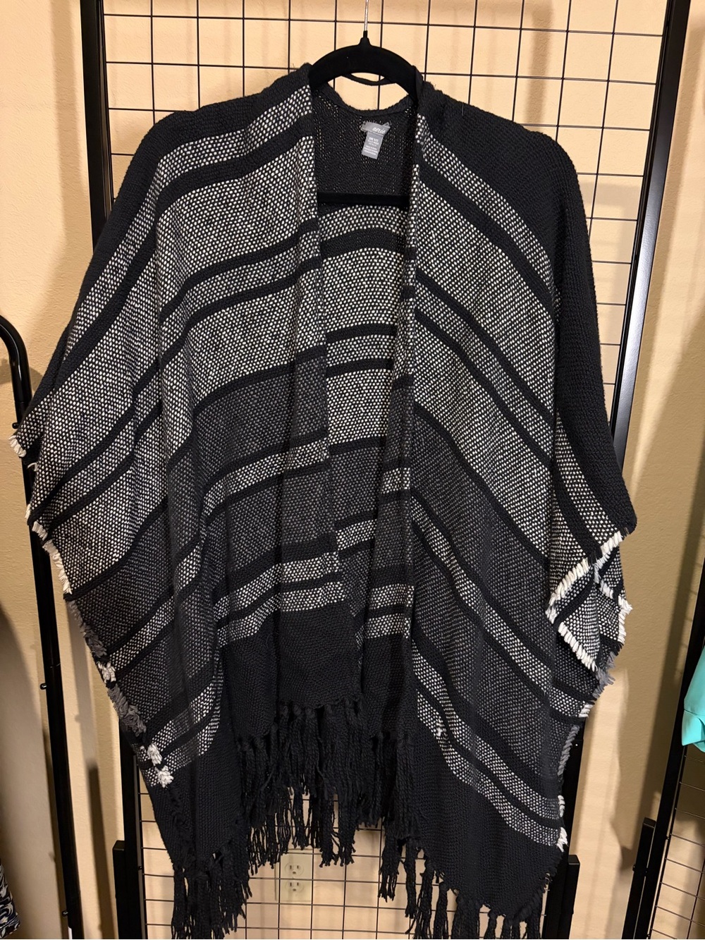 Aerie Boho Striped Black & White Fringe Ruana Poncho One Size Kimono